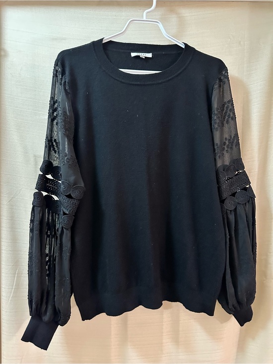Sioni Tops - Sioni Black Sweater Top Sheer Embroidered Sleeve Crochet Trim Large